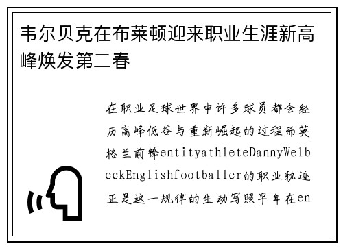 韦尔贝克在布莱顿迎来职业生涯新高峰焕发第二春