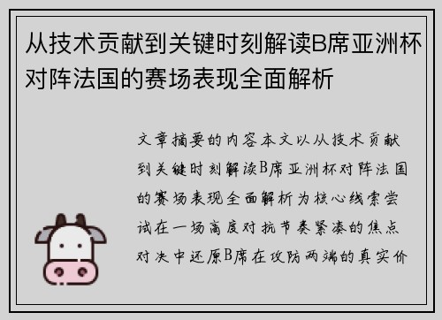 从技术贡献到关键时刻解读B席亚洲杯对阵法国的赛场表现全面解析