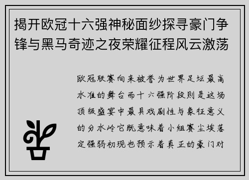 揭开欧冠十六强神秘面纱探寻豪门争锋与黑马奇迹之夜荣耀征程风云激荡
