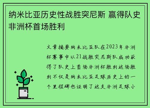 纳米比亚历史性战胜突尼斯 赢得队史非洲杯首场胜利